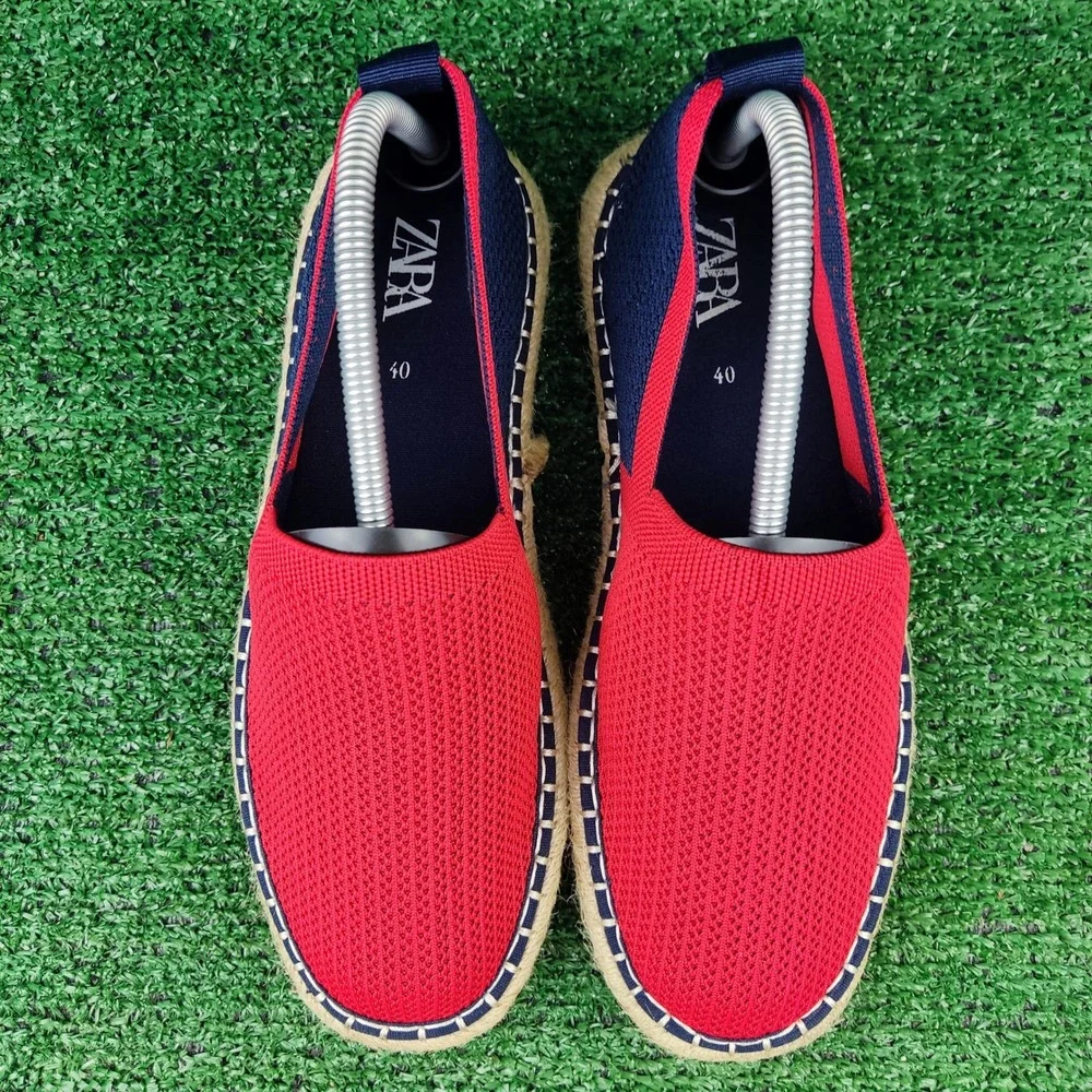 Zara Espadrilles Women Size 40 Red Navy Blue Knit Slip On Colorblock‎ Jute Flats